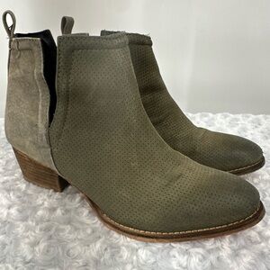 Taupe Distressed Leather and Canvas Wood Heel Booties
